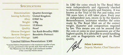 Reverse of 2013 Gold Proof Quarter Sovereign Certificate