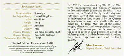 Reverse of 2013 Gold Proof Sovereign Certificate