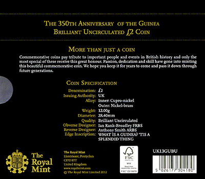 2013 350th Anniversary of the Guinea Two Pound Coin in Folder Reverse
