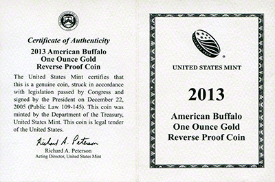 2013 US Reverse Proof Gold Buffalo Certificate Obverse