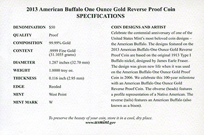 2013 US Reverse Proof Gold Buffalo Certificate Reverse