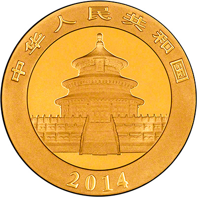 Obverse of 2014 Chinese One Ounce Gold Panda Coin