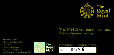Obverse of 2014 Gold Proof Quarter Sovereign Certificate