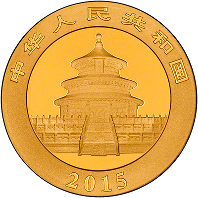 Obverse of 2015 Chinese One Ounce Gold Panda Coin