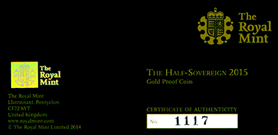 2015 Half Proof Sovereign Certificate Obverse