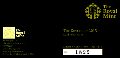 2015 Gold Proof Sovereign Certificate Obverse