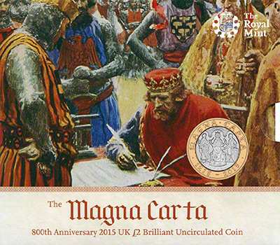 22015 800th Anniversary of the Magna Carta Brilliant Uncirculated Two Pound Coin in Folder