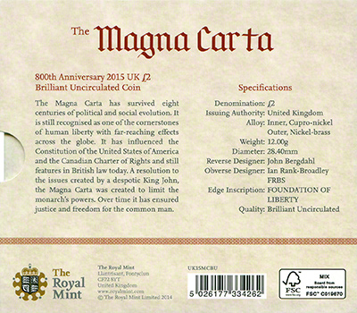 2015 800th Anniversary of the Magna Carta Brilliant Uncirculated Two Pound Coin in Folder