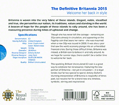 2015 Definitive Britannia Brilliant Uncirculated Two Pound Coin in Presentation Folder