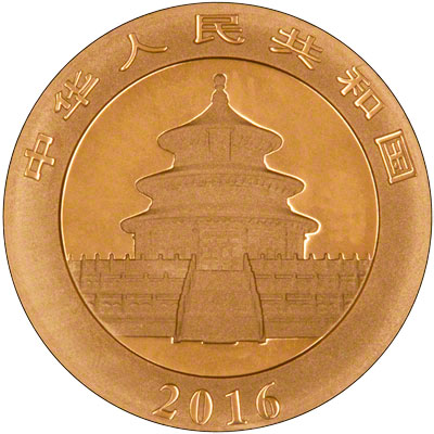 Obverse of 2016 Chinese 30 Gram Gold Panda Coin