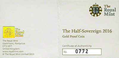 2016 Half Proof Sovereign Certificate Obverse