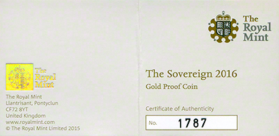 2016 Gold Proof Sovereign Certificate Obverse