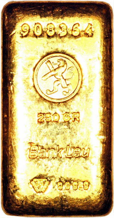 Obverse of Quarter Kilo Cast Bank Leu Gold Bullion Bar