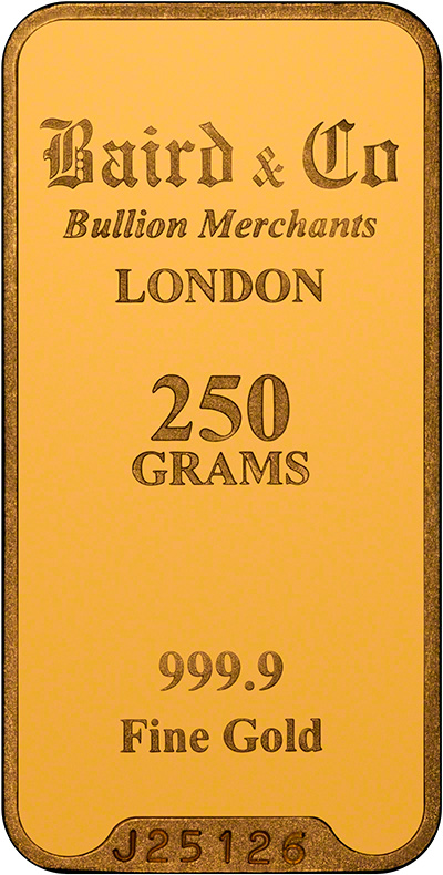 Obverse of Baird & Co 250g Gold Bar