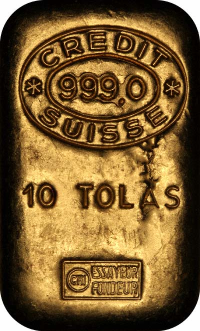 Obverse of Credit Suisse 10 Tolas Gold Bar