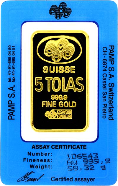 Our PAMP Suisse Fortuna Five Tolas Gold Bar in Combined Display Card & Certificate Photograph