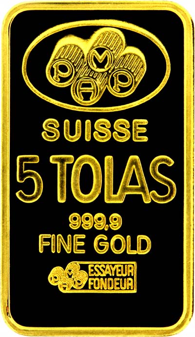 Obverse of Credit Suisse Five Tolas Gold Bar