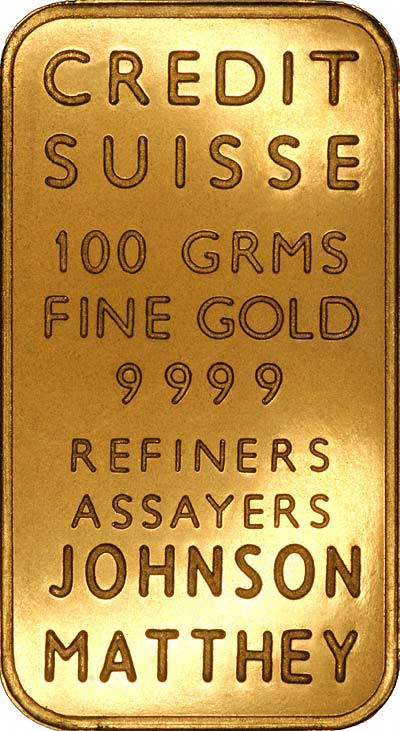 Reverse of Credit Suisse Johnson Matthey 100g Gold Bar Photograph