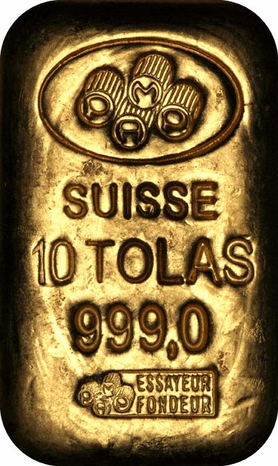 Obverse of Pamp Suisse 10 Tolas Gold Bar