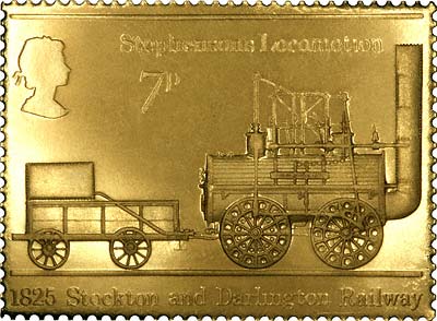 1975 Stephenson's Locomotion, 1825 Stockton & Darlington Railway Gold Seven Pence Stamp Replica