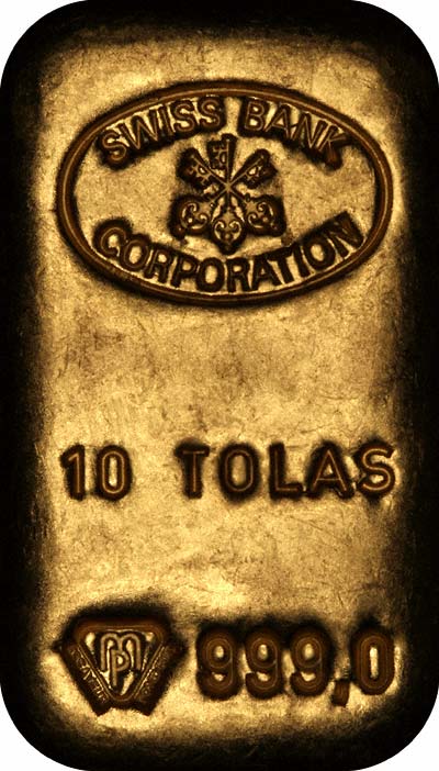 Obverse of Swiss Bank Corporation 10 Tolas Gold Bar