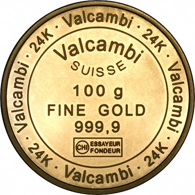 Obverse of Valcambi Suisse 100gram Gold Bar