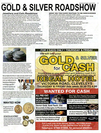 Gold & Silver Roadshow Cash for Gold Regal Hotel Cleveleys Advert