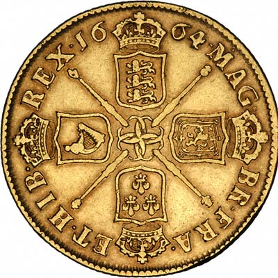 Cruciform Shields on Reverse 1664 Charles II Two Guineas
