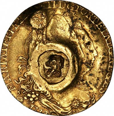 Obverse of 1779 Grenadan 66 Shillings Overstamped on Brazilian 6400 Reis of Maria I & Pedro III