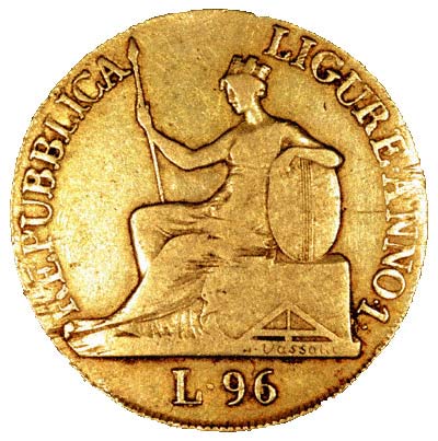 Obverse of 1798 Liguria Gold 96 Lire Coin