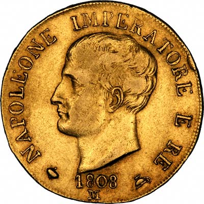 Napoleon Bonaparte on Obverse of 1808 Kingdom of Napoleon 40 Lire
