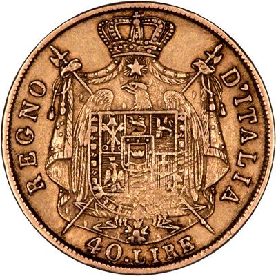 Reverse of 1810 Kingdom of Napoleon Gold 40 Lire Coin