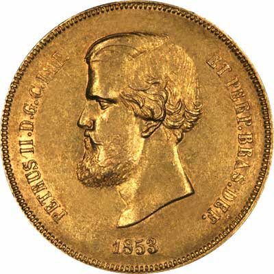 Obverse of 1853 Brazilian 20,000 Reis of Pedro II