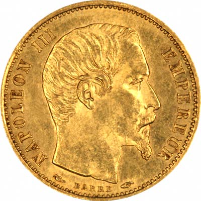 Napoleon III on Obverse of 1854 French Gold 5 Francs