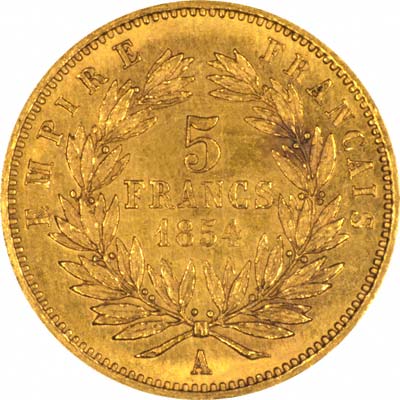 Reverse of 1854 French Gold 5 Francs