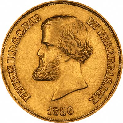 Obverse of 1856 Brazilian 10,000 Reis of Pedro II