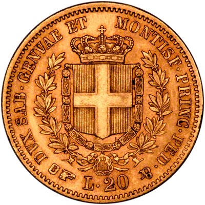 Reverse of 1857 Gold 20 Lire