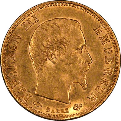 Napoleon III on Obverse of 1858 French Gold 5 Francs