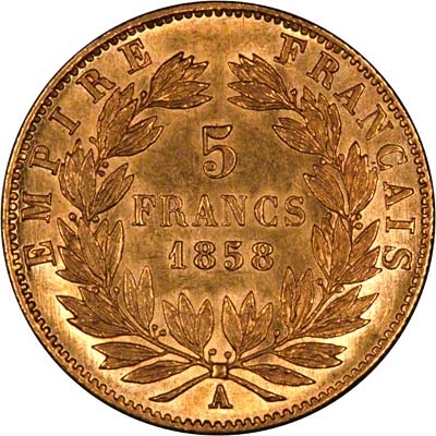 Napoleon III on Reverse of 1858 French Gold 5 Francs