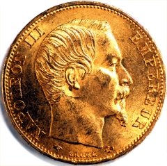 Obverse of 1859 Napoleon III French Gold 20 Francs