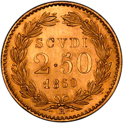 Reverse of 1866 Papal States Gold 100 Lire Coin