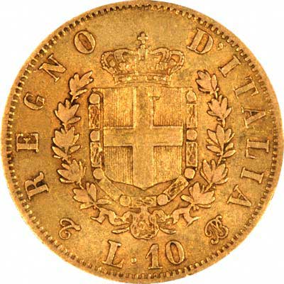 Reverse of 1863 Italian 10 Lire