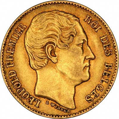 Obverse of 1865 Belgian Gold 20 Francs of Leopold I