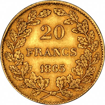 Reverse of 1865 Belgian Gold 20 Francs of Leopold I