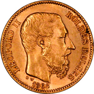 Obverse of 1868 Belgium 20 Francs