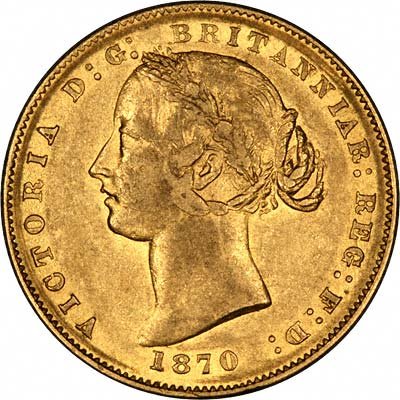 Obverse of 1870 Sydney Mint Australian Sovereign