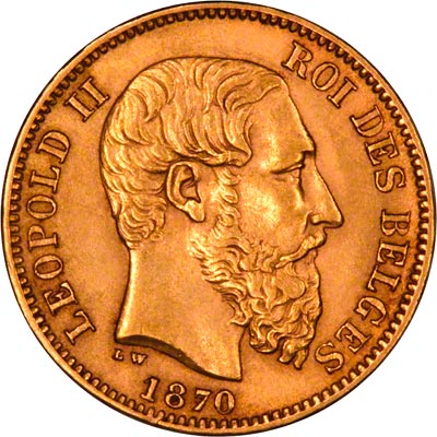 Obverse of 1870 Belgium 20 Francs
