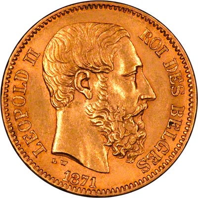 Obverse of 1871 Belgium 20 Francs