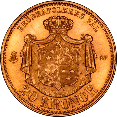 Reverse of 1873 Swedish 20 Kronor
