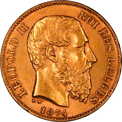 Obverse of 1874 Belgium 20 Francs
